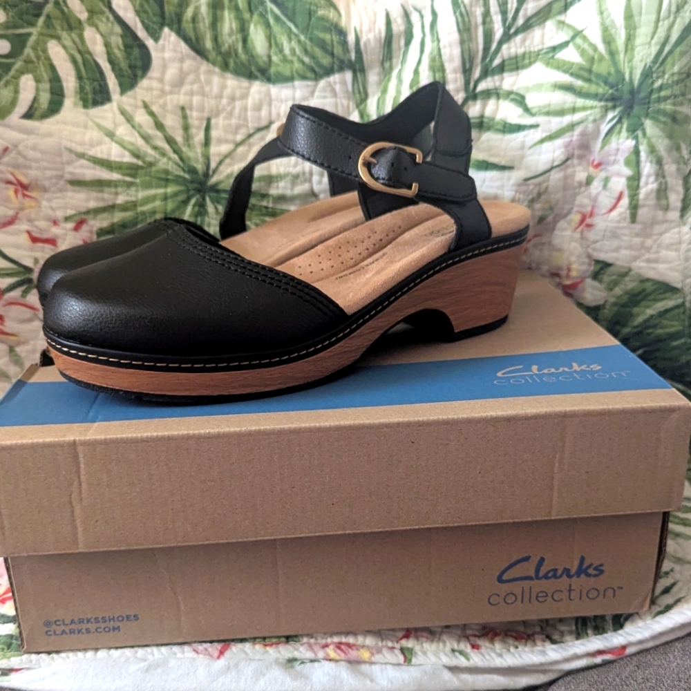 Clarks Black Leather Mules with Buckle Detail NWT